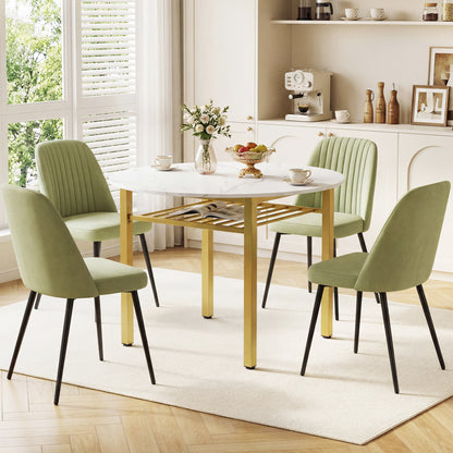 Gray 40-inch round kitchen table with storage shelf and metal frame, seats four people, perfect for dining and compact kitchens.