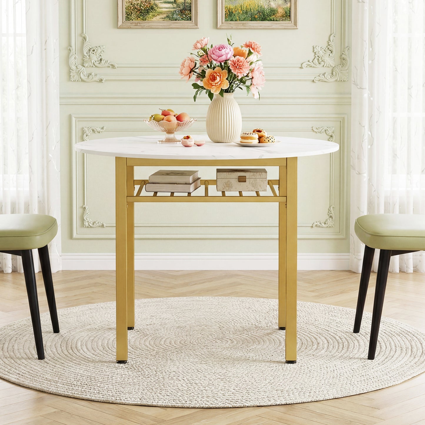 Gray 40-inch round kitchen table with storage shelf and metal frame, designed for four people, by Wilsons Home Store.