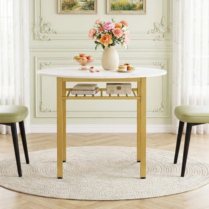 Gray 40-inch round kitchen table with storage shelf and metal frame, designed for four people, by Wilsons Home Store.