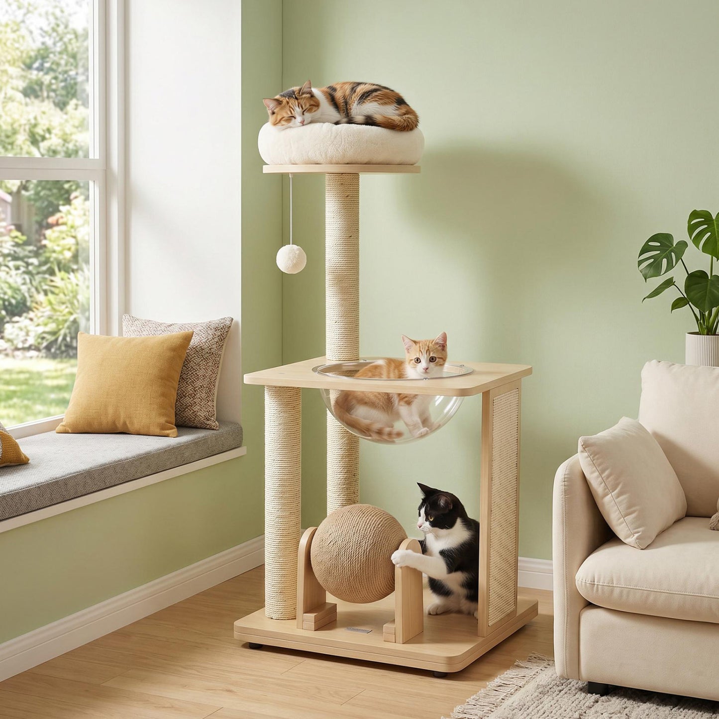 40" Solid Wood Cat Tree with Space Capsule & Sisal Posts and Scratching Board-Natural