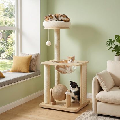 40" Solid Wood Cat Tree with Space Capsule & Sisal Posts and Scratching Board-Natural