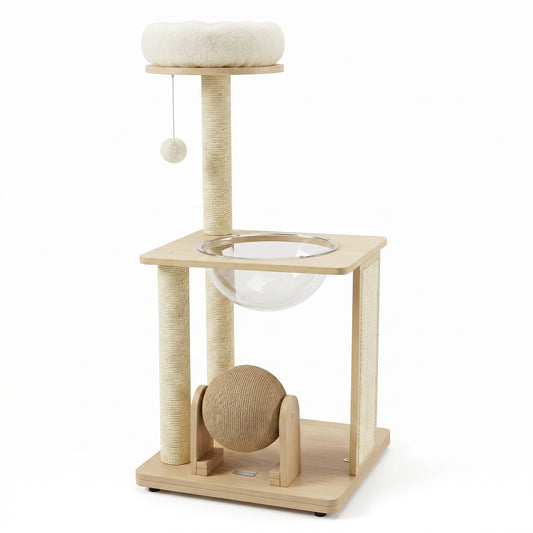 Solid wood cat tree with space capsule, sisal posts, and scratching board, designed for cats, in natural finish.