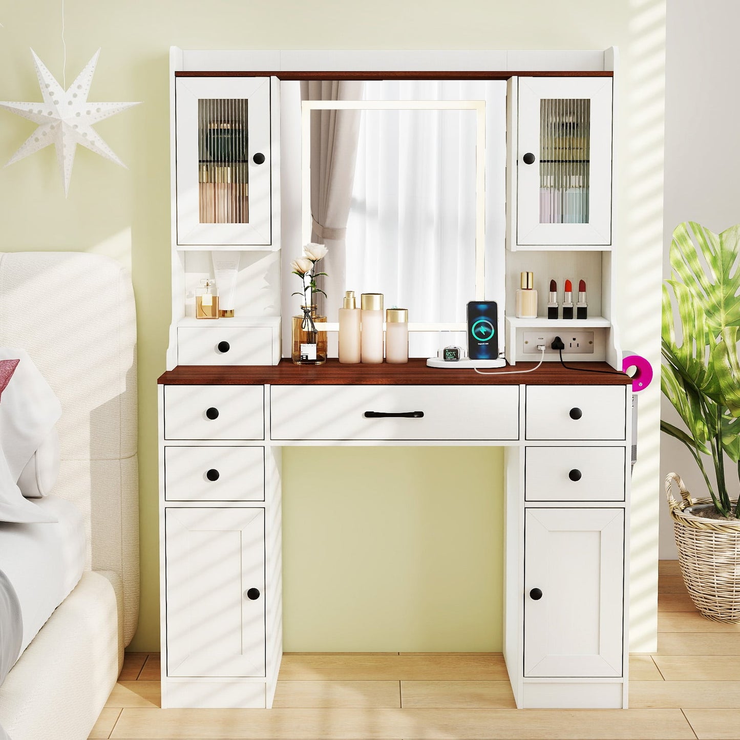 41.5 Inch Makeup Dressing Table with Power Outlets and 3 Color Lighting Modes-WH+