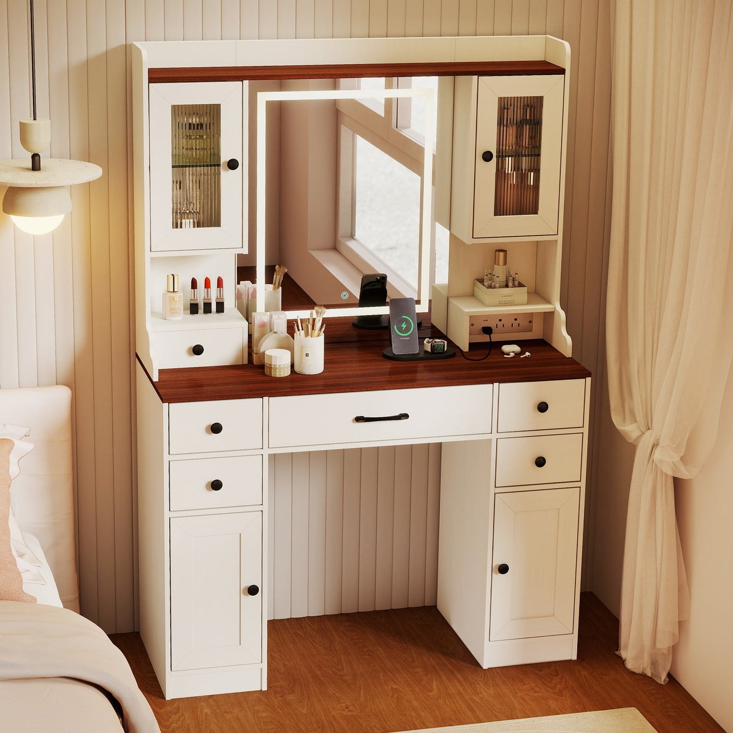 41.5 Inch Makeup Dressing Table with Power Outlets and 3 Color Lighting Modes-WH+