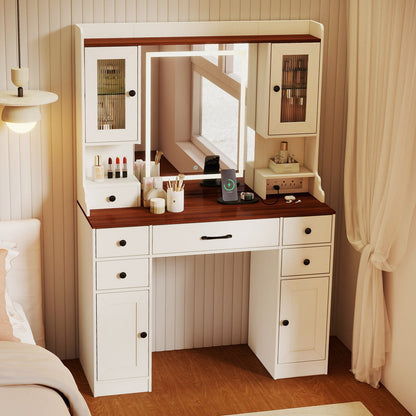 41.5 Inch Makeup Dressing Table with Power Outlets and 3 Color Lighting Modes-WH+
