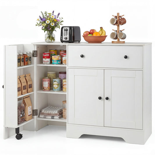 White 41.5-inch modern coffee bar cabinet with 3 doors and rolling wheels, stylish furniture for kitchen and dining storage