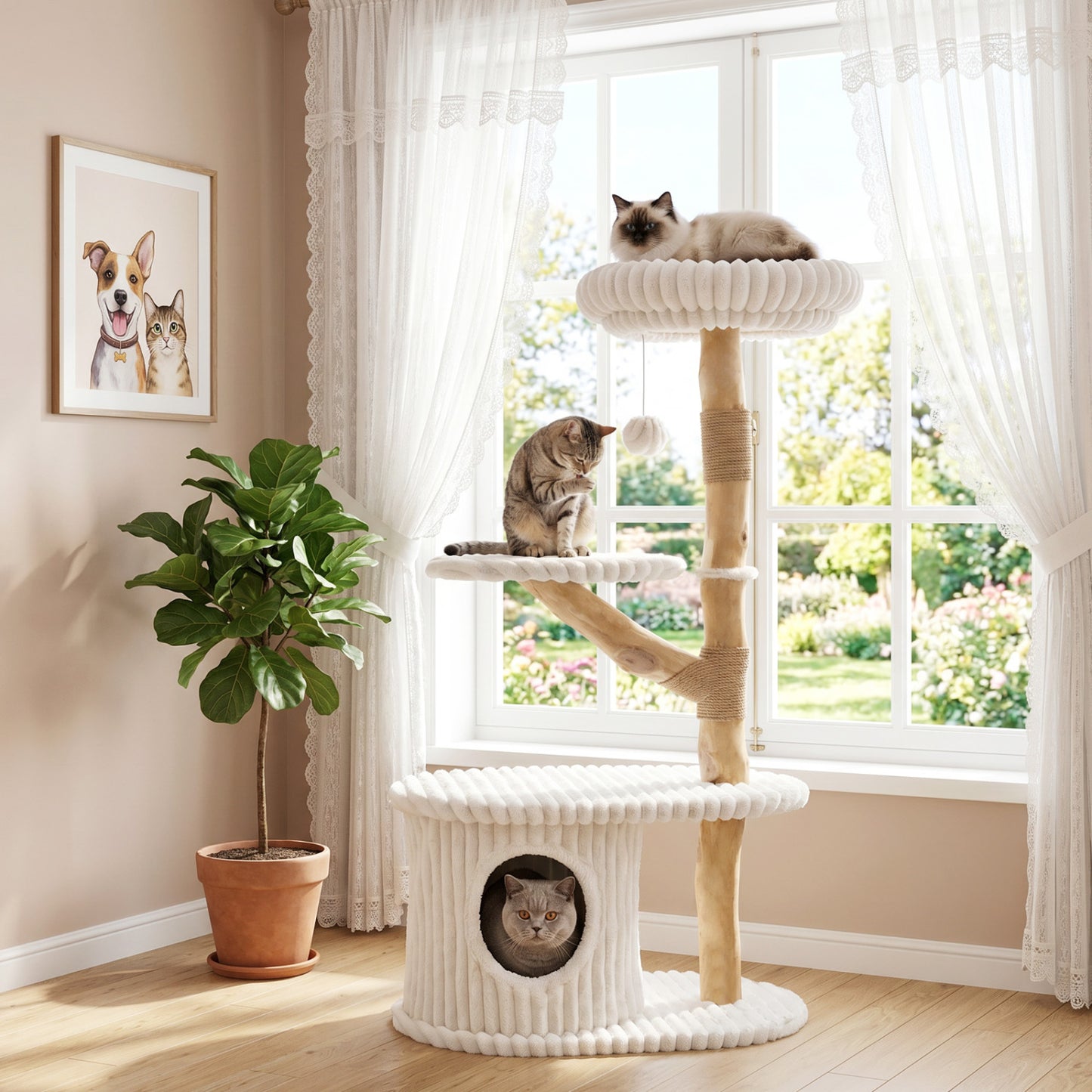 41 Inch Tall Modern Cat Tower with Real Wood Branches  Scratching Posts for Indoor-Beige