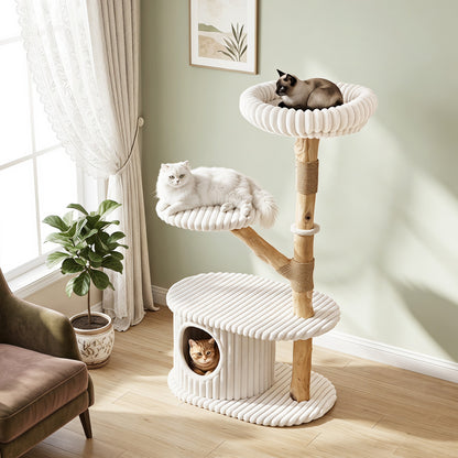 41 Inch Tall Modern Cat Tower with Real Wood Branches  Scratching Posts for Indoor-Beige