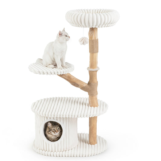 Beige 41-inch tall modern cat tower with real wood branches, scratching posts, and cozy platforms for indoor cats.