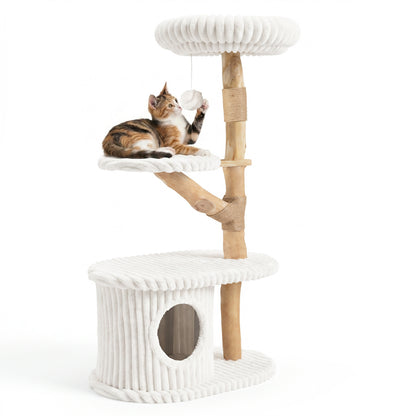 41 Inch Tall Modern Cat Tower with Real Wood Branches  Scratching Posts for Indoor-Beige
