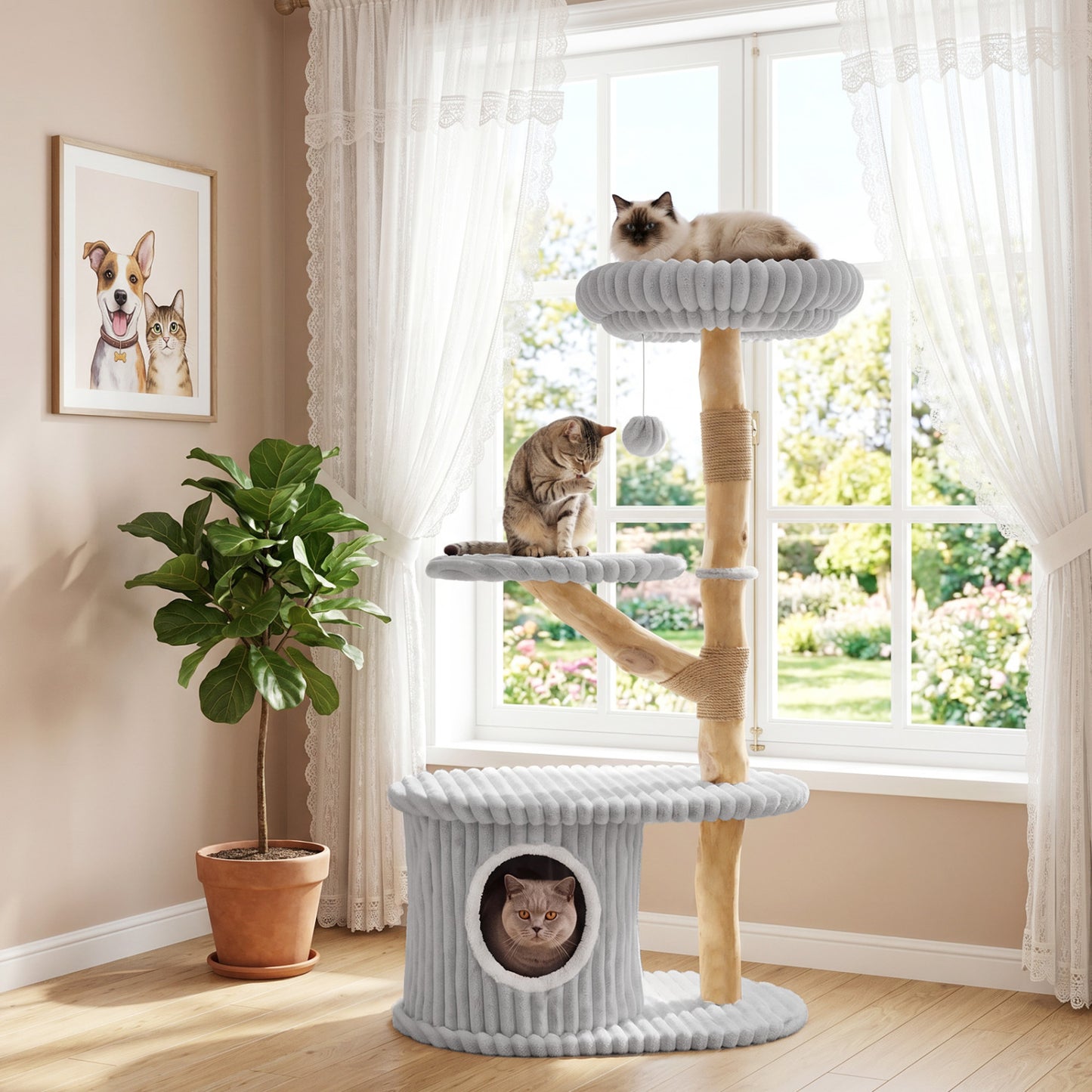 41 Inch Tall Modern Cat Tower with Real Wood Branches  Scratching Posts for Indoor-Beige