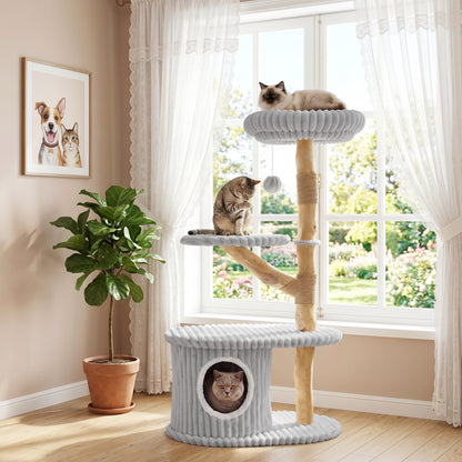 41 Inch Tall Modern Cat Tower with Real Wood Branches  Scratching Posts for Indoor-Beige
