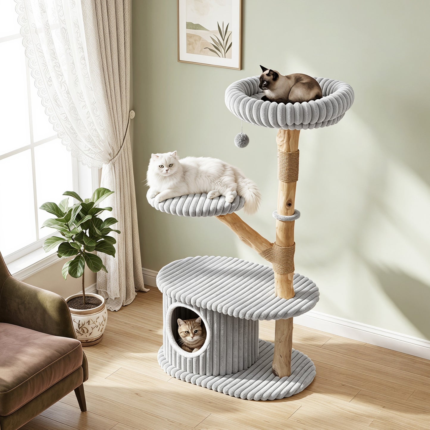 41 Inch Tall Modern Cat Tower with Real Wood Branches  Scratching Posts for Indoor-Beige