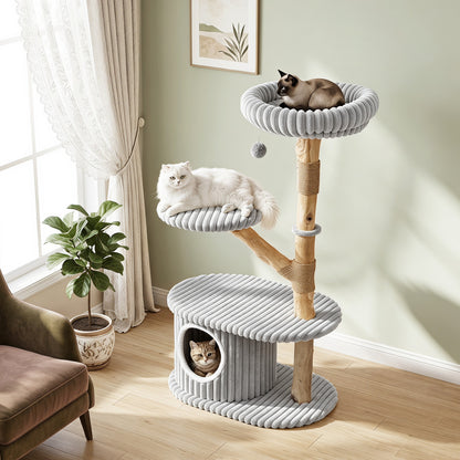 41 Inch Tall Modern Cat Tower with Real Wood Branches  Scratching Posts for Indoor-Beige