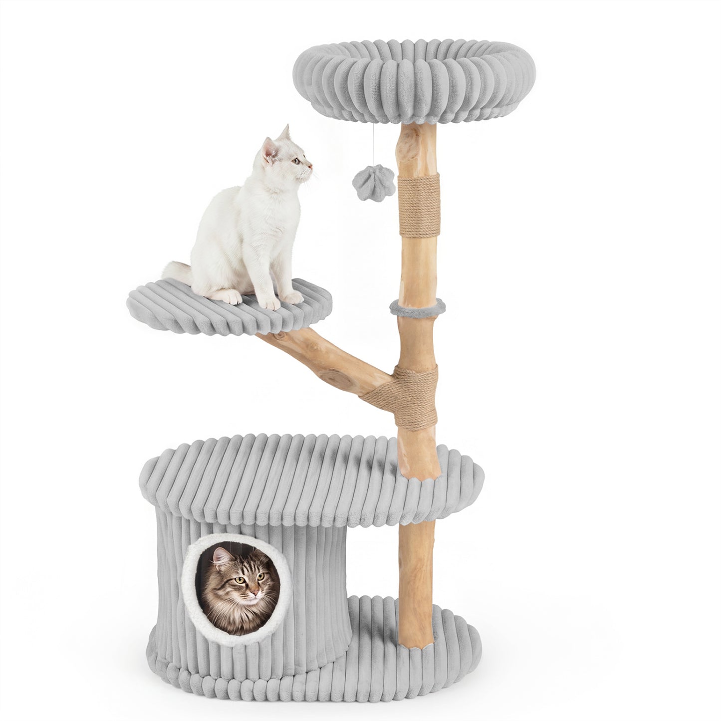 41 Inch Tall Modern Cat Tower with Real Wood Branches  Scratching Posts for Indoor-Beige