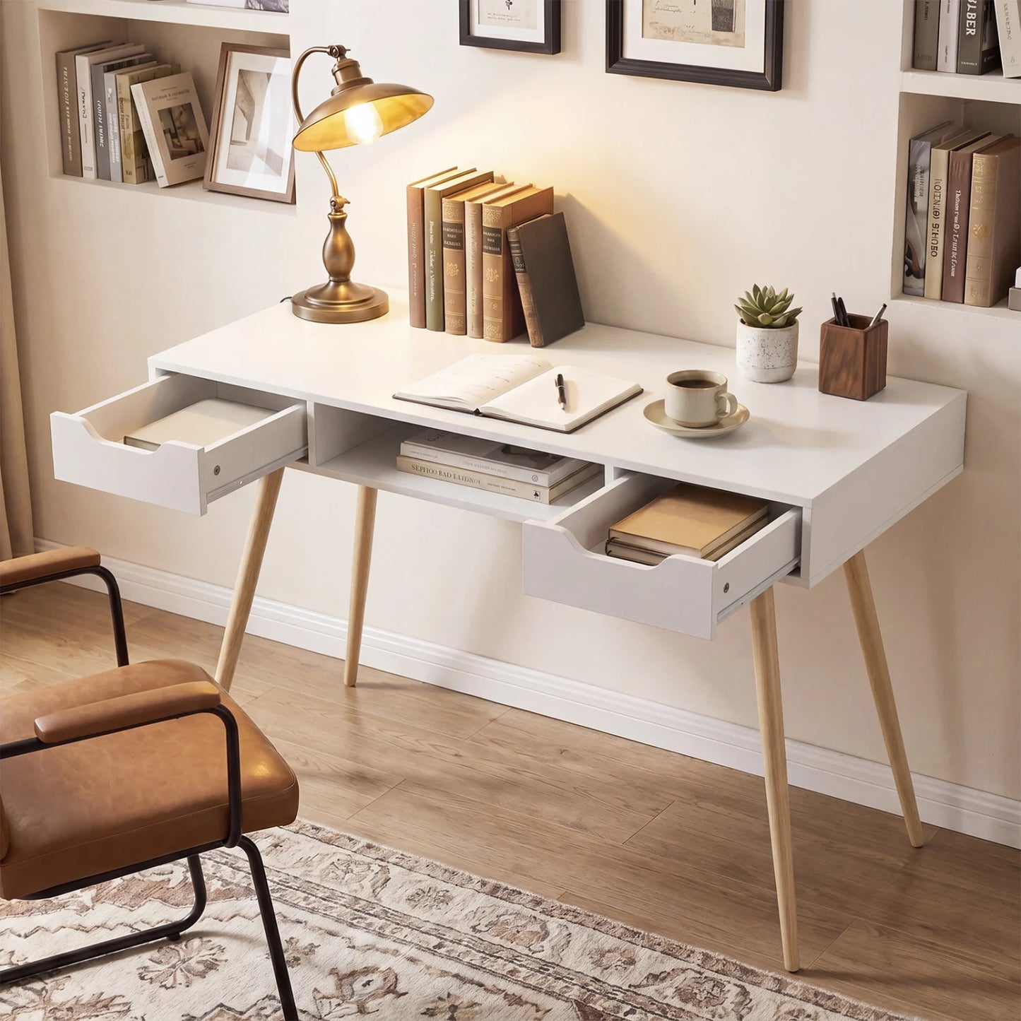 42.5" Mid Century Modern Writing Desk with Metal Leg and Drawers-Rustic Brown