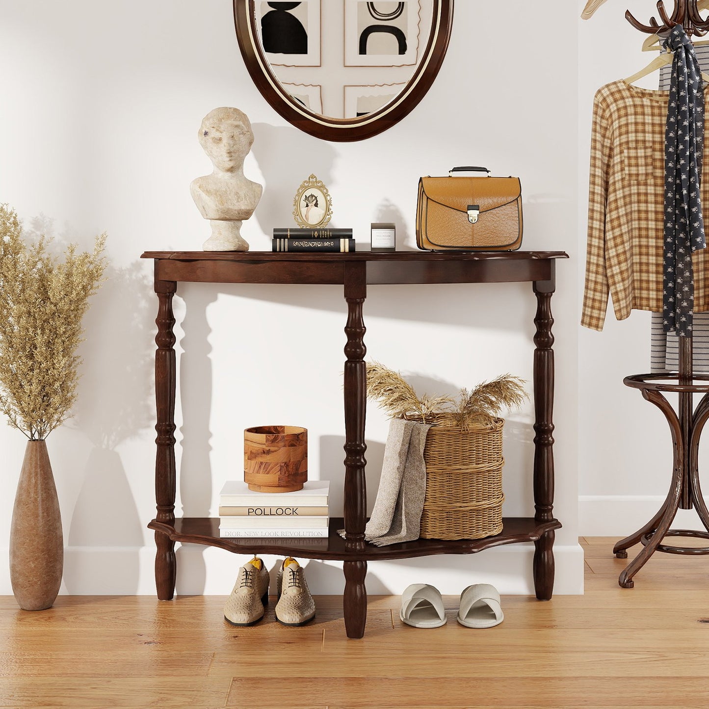 42 Inch Half Moon Console Table with Shelf and Rubber Wood Legs-Espresso