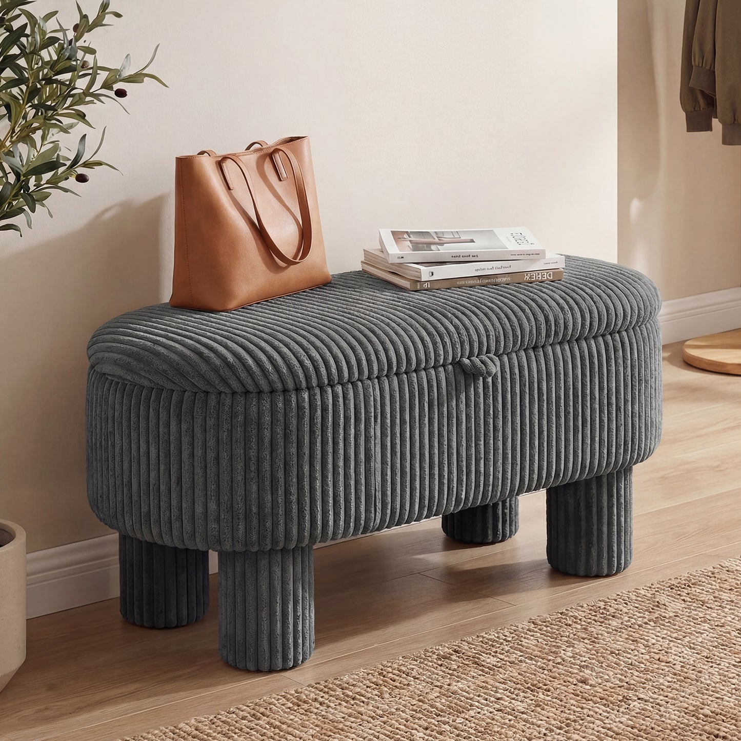 42 Inch Storage Ottoman Bench Corduroy Fabric Upholstered Foot Stool-Beige