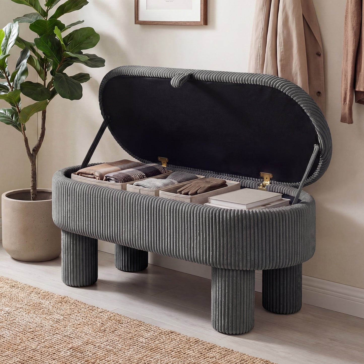 42 Inch Storage Ottoman Bench Corduroy Fabric Upholstered Foot Stool-Beige