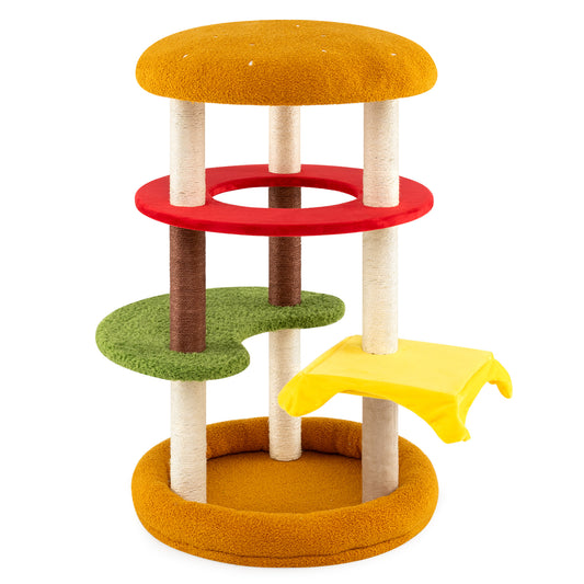 Yellow 42-inch tall modern cat tree with multi-level platforms, padded perch, and cozy cat bed for pets.