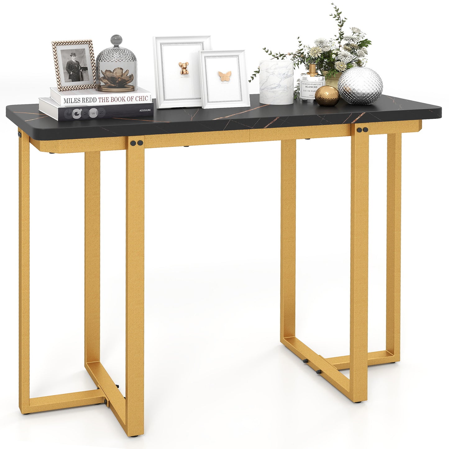 42 Inches Modern Faux Marble Entryway Table with Geometric Metal Frame-Black