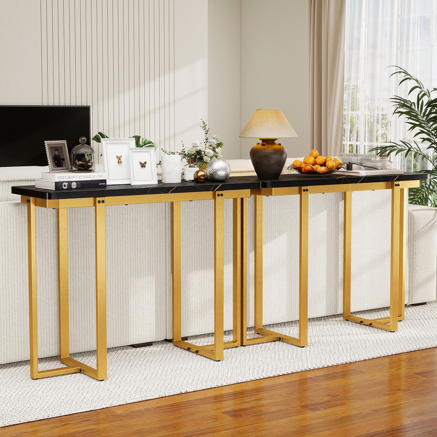 42 Inches Modern Faux Marble Entryway Table with Geometric Metal Frame-Black