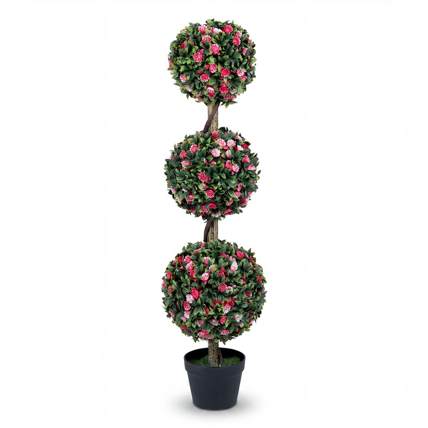 43.5-inch artificial triple ball rose topiary tree with green leaves and lifelike pink roses for home decor.
