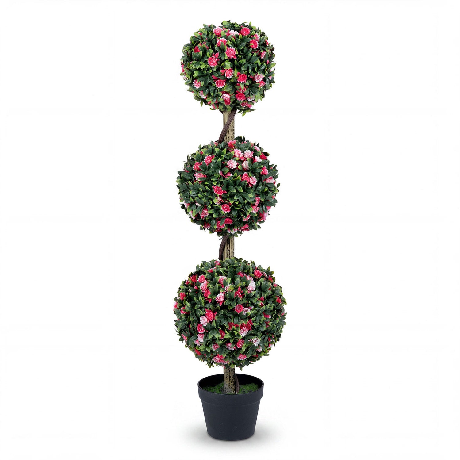 43.5-inch artificial triple ball rose topiary tree with green leaves and lifelike pink roses for home decor.