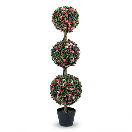 43.5-inch artificial triple ball rose topiary tree with green leaves and lifelike pink roses for home decor.