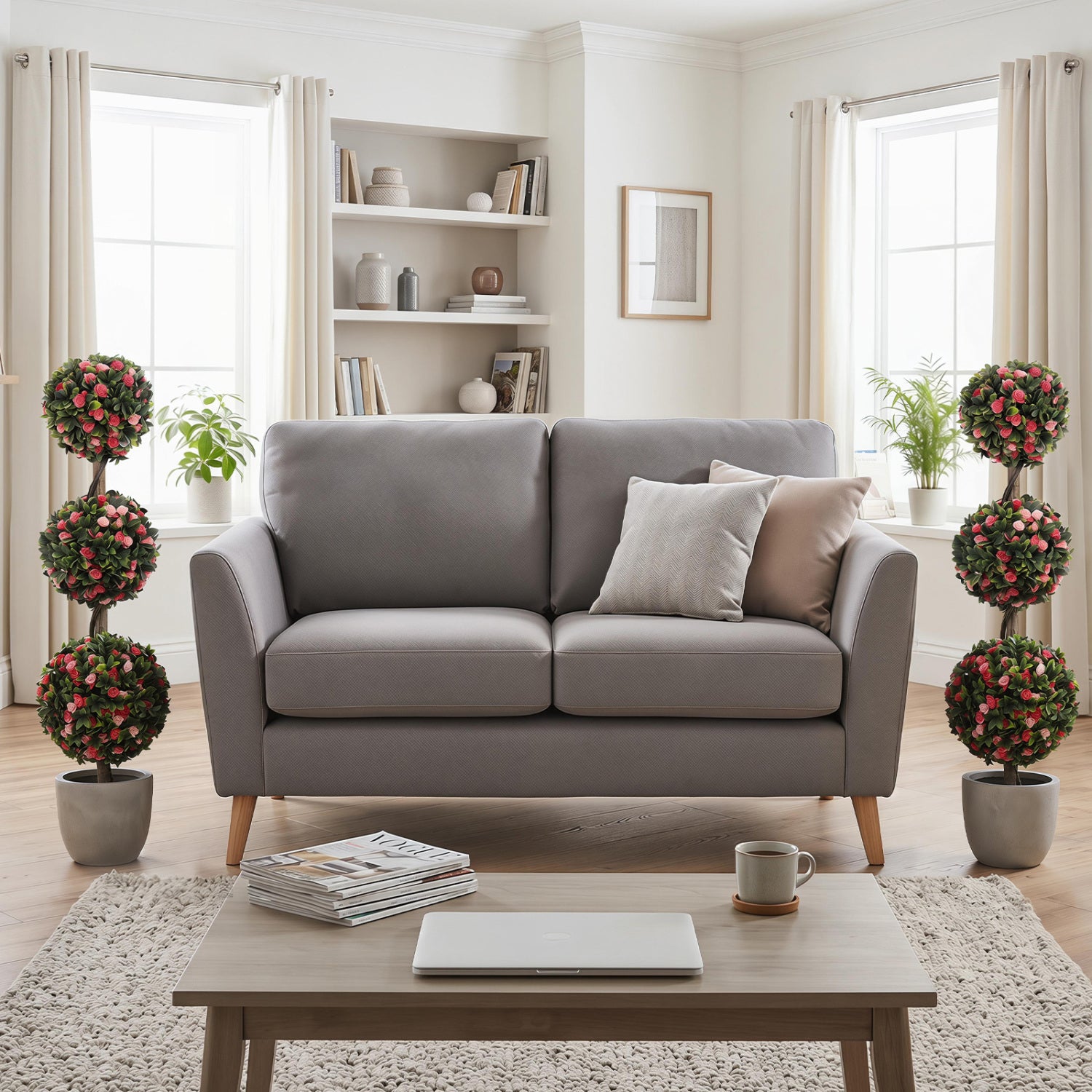 43.5-inch artificial triple ball rose topiary tree with lifelike blooms and green leaves for home decor.