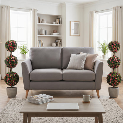 43.5-inch artificial triple ball rose topiary tree with lifelike blooms and green leaves for home decor.