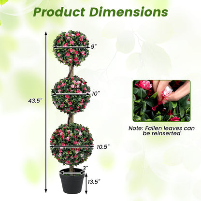 43.5-inch artificial triple ball rose topiary tree with lifelike green leaves and blooms for home decor.