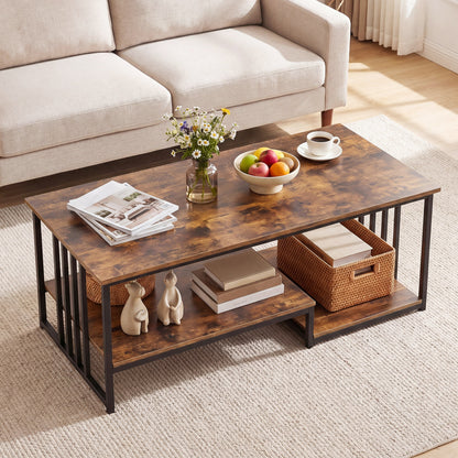 Wooden 43.5-inch oak coffee table with two-tier design and open storage shelf, ideal for living room furniture.