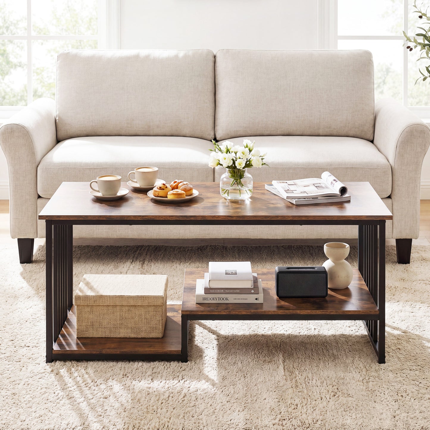 Wooden 43.5-inch coffee table with two-tier open storage shelf in oak finish, ideal for living room furniture.