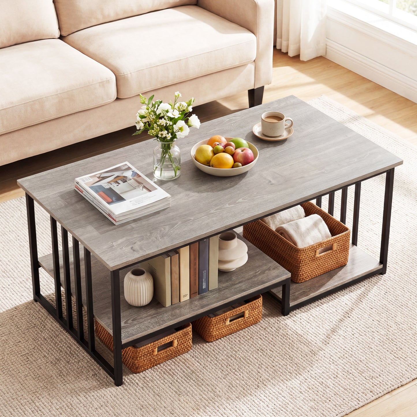 43.5-inch oak coffee table with open storage shelf and two-tier design, modern living room furniture piece