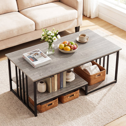 43.5-inch oak coffee table with open storage shelf and two-tier design, modern living room furniture piece