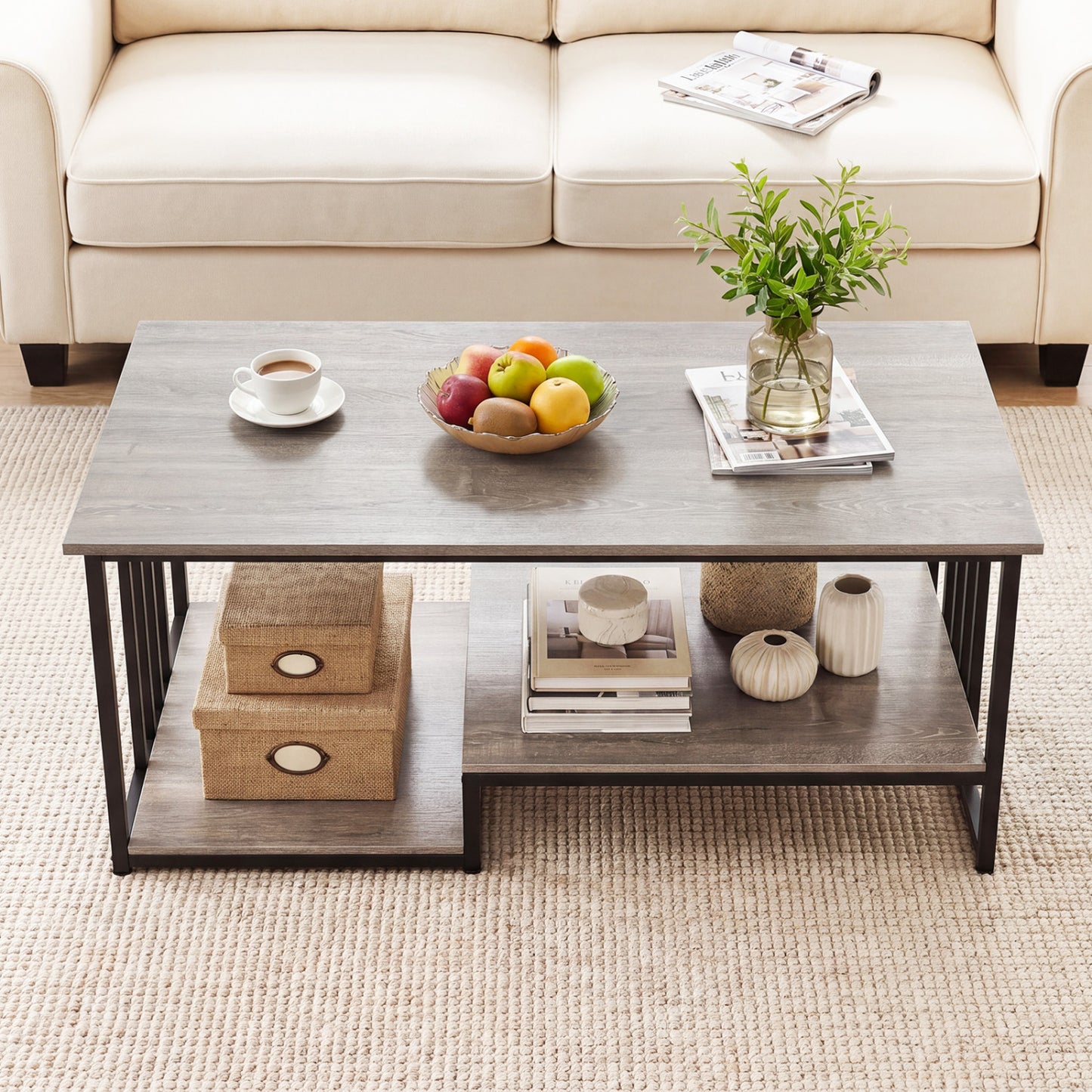 Oak 43.5-inch 2-tier coffee table with open storage shelf, modern furniture for living room by Wilsons Home Store