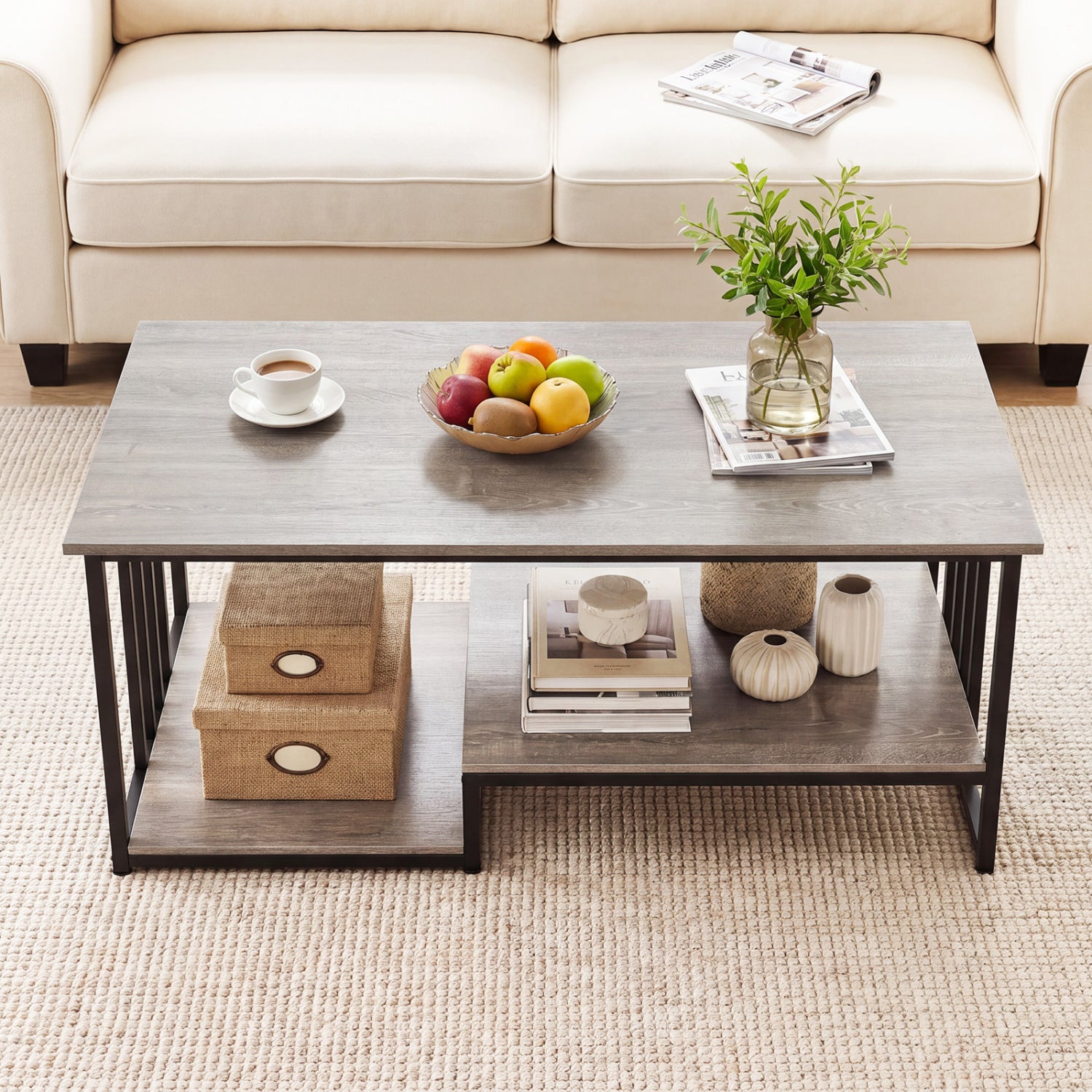 Oak 43.5-inch 2-tier coffee table with open storage shelf, modern furniture for living room by Wilsons Home Store