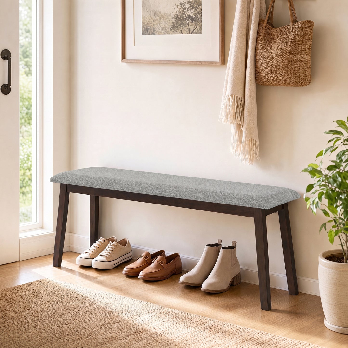 43.5 Inch Upholstered Entryway Bench with Rubber Wood Frame-Beige