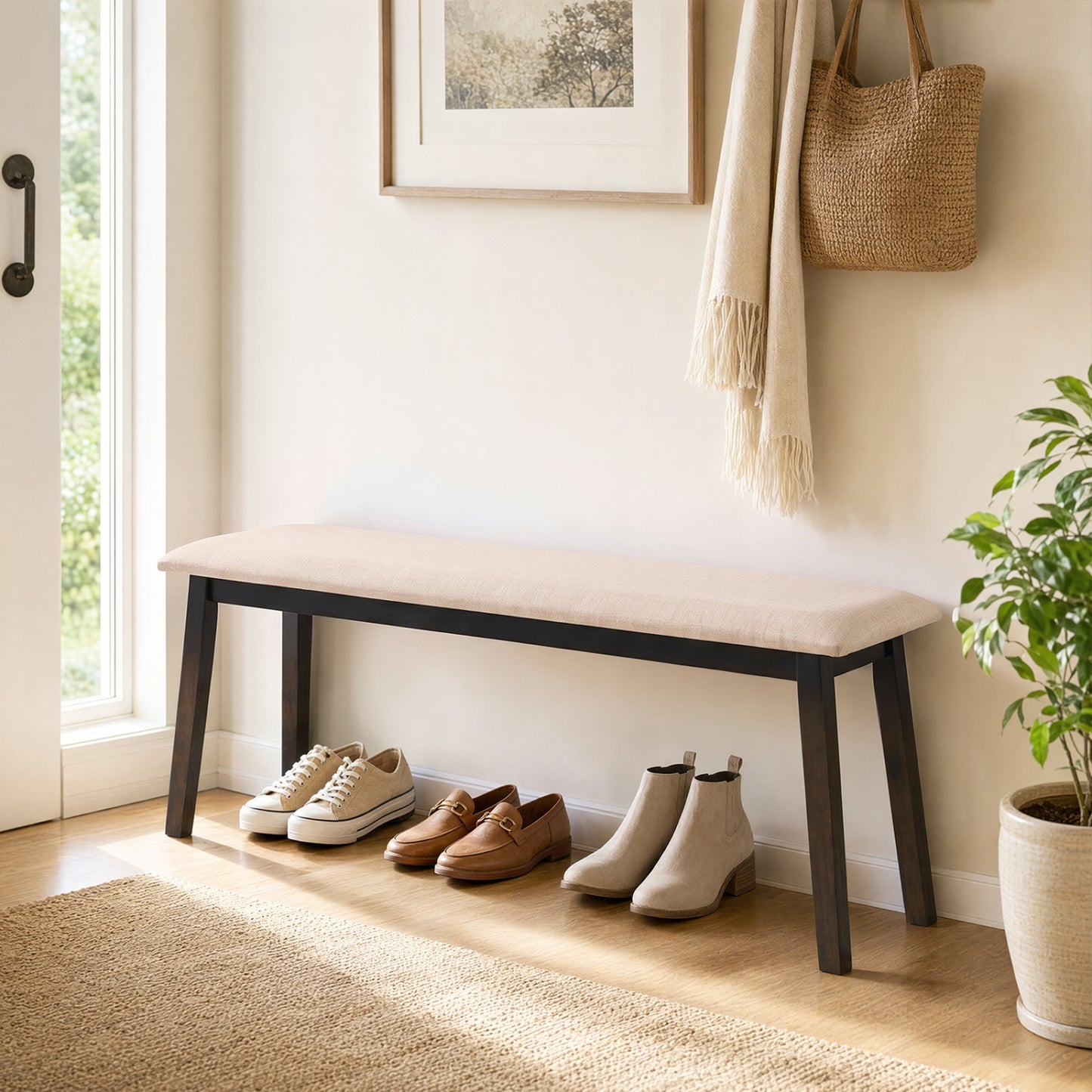 43.5 Inch Upholstered Entryway Bench with Rubber Wood Frame-Beige
