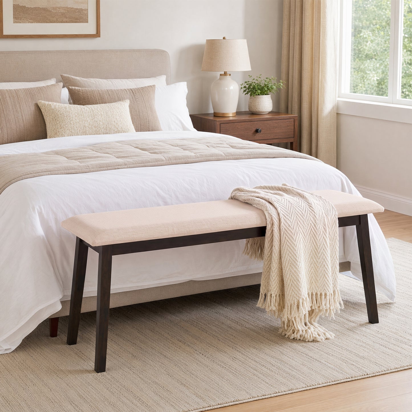 43.5 Inch Upholstered Entryway Bench with Rubber Wood Frame-Beige