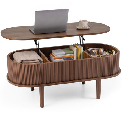 43.5" Oval Lift Top Coffee Table with Storage and Fluted Design for Living Room-Natural