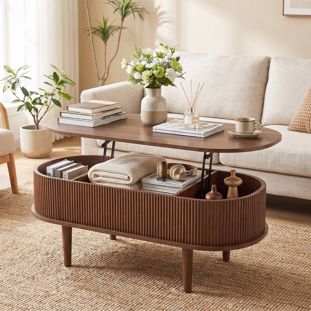 43.5" Oval Lift Top Coffee Table with Storage and Fluted Design for Living Room-Natural