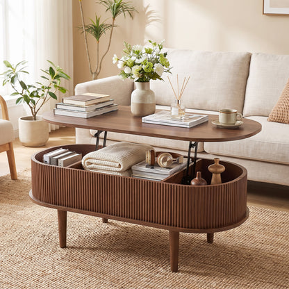 43.5" Oval Lift Top Coffee Table with Storage and Fluted Design for Living Room-Natural
