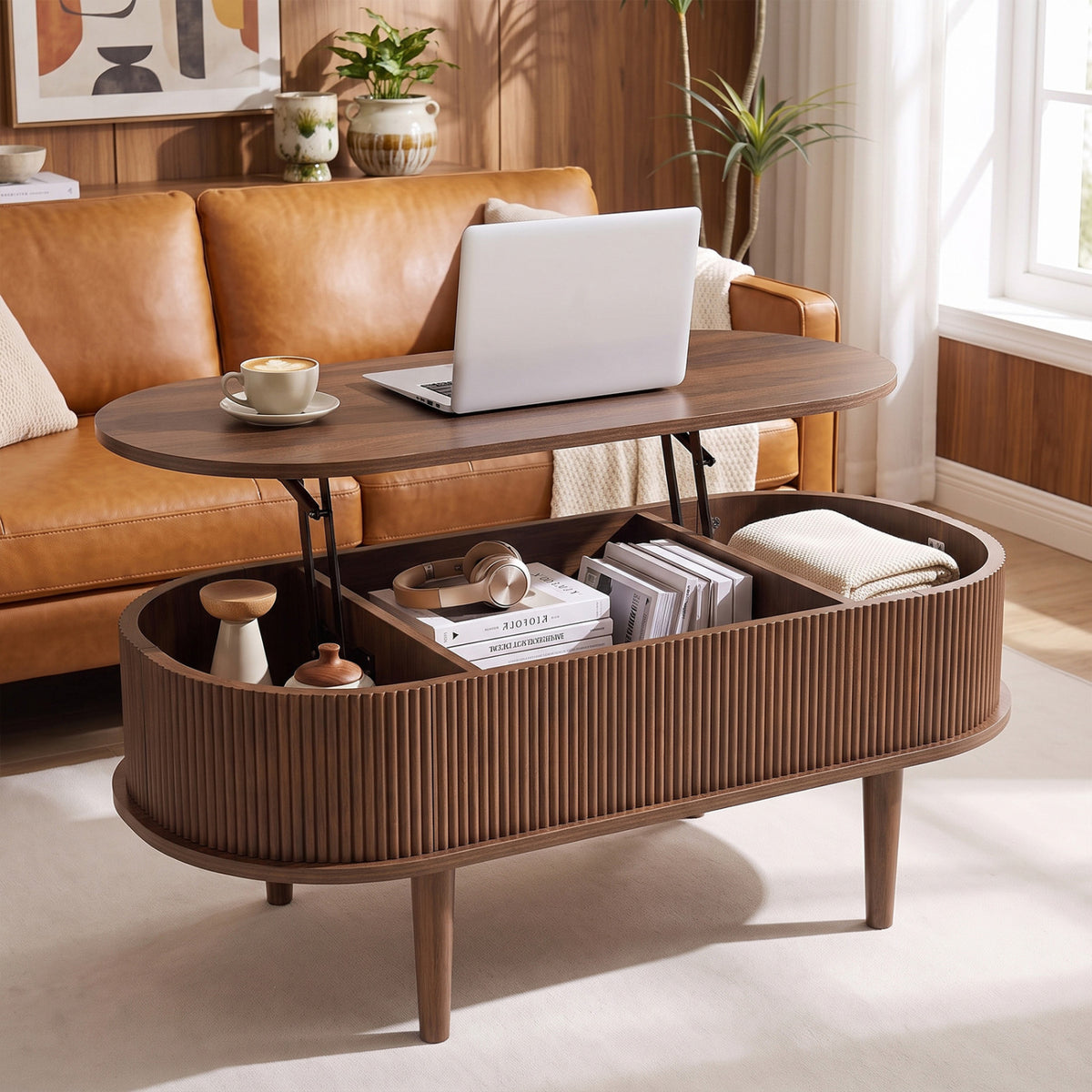 43.5" Oval Lift Top Coffee Table with Storage and Fluted Design for Living Room-Natural