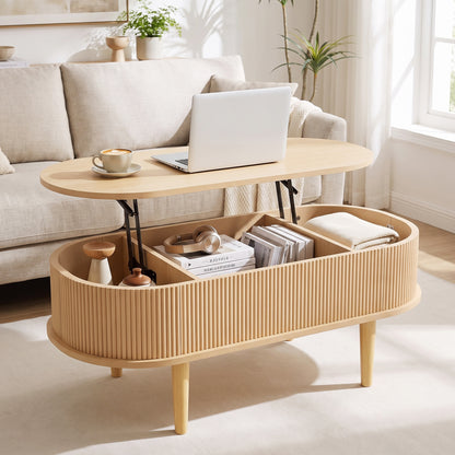 43.5" Oval Lift Top Coffee Table with Storage and Fluted Design for Living Room-Natural