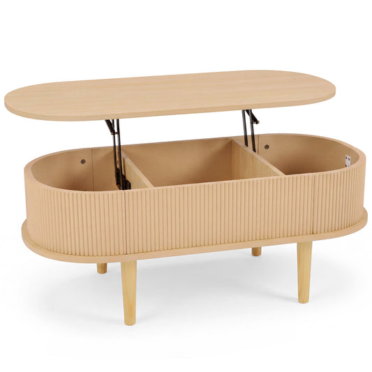 Natural wood oval lift top coffee table with storage and fluted design, ideal for living room decor.