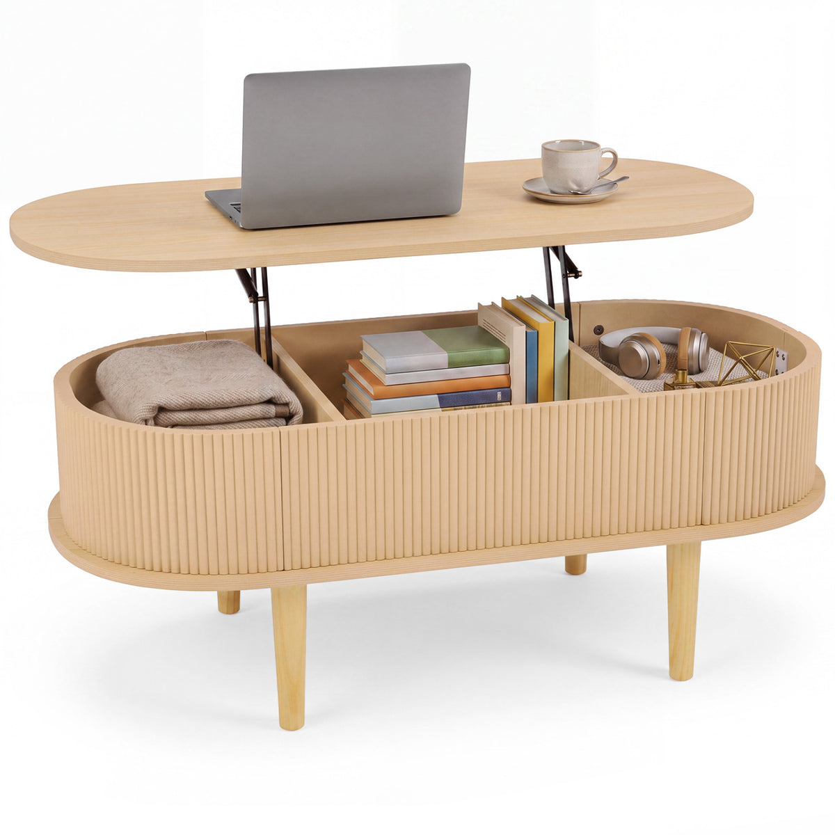 43.5" Oval Lift Top Coffee Table with Storage and Fluted Design for Living Room-Natural