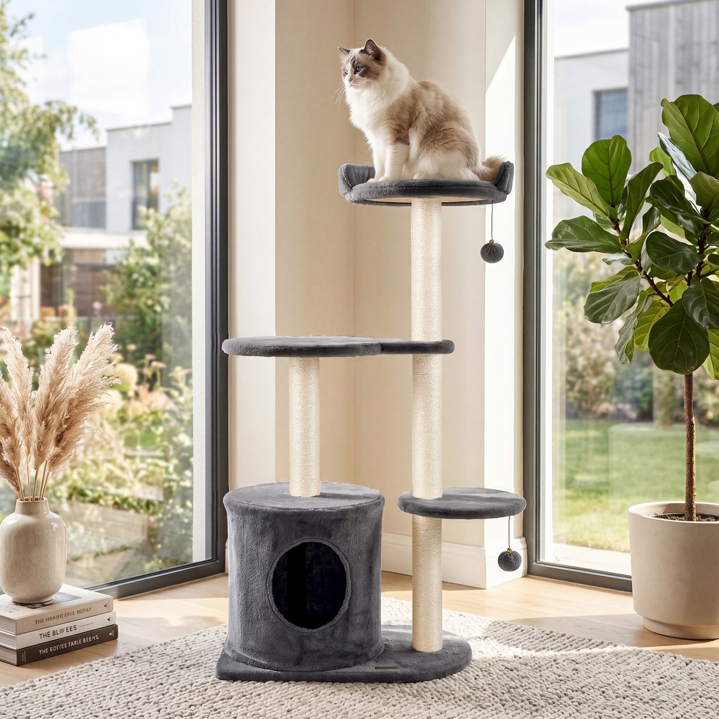 43" Cat Tree for Indoor Cats with Comfy Plush Perches and Sisal Scratching Posts-Beige