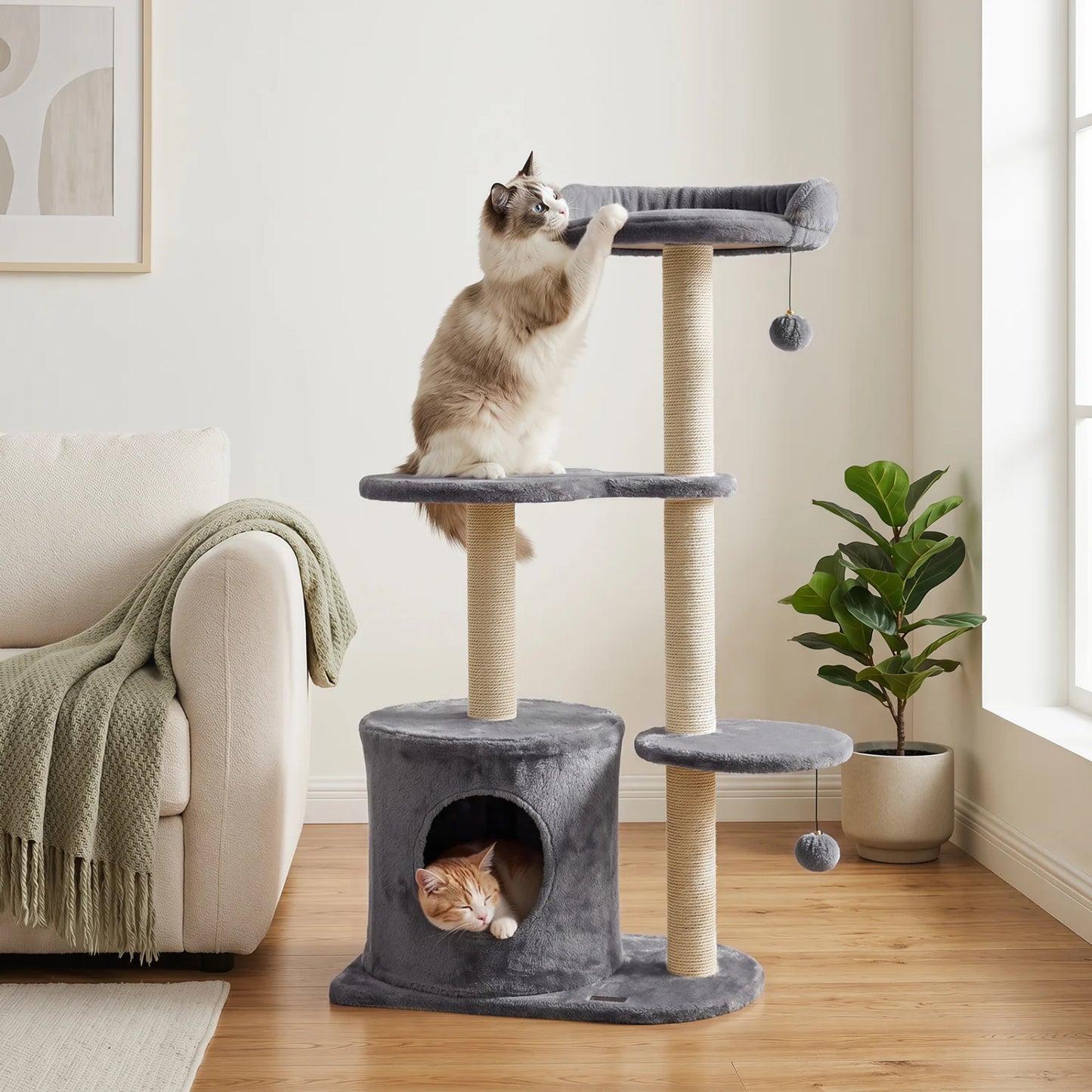 43" Cat Tree for Indoor Cats with Comfy Plush Perches and Sisal Scratching Posts-Beige